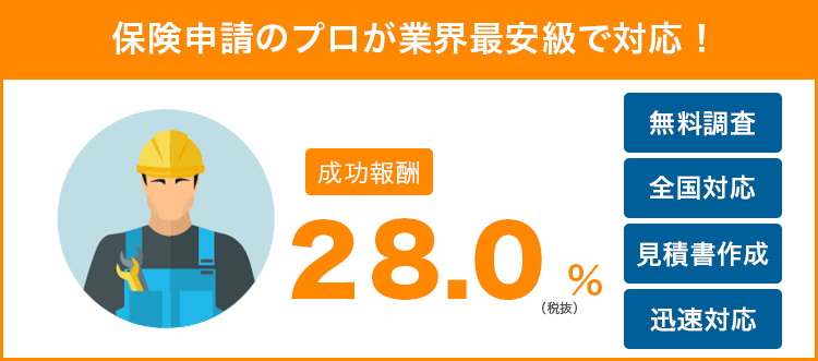 火災保険調査人による迅速な対応が可能で手数料は28%と低価格！