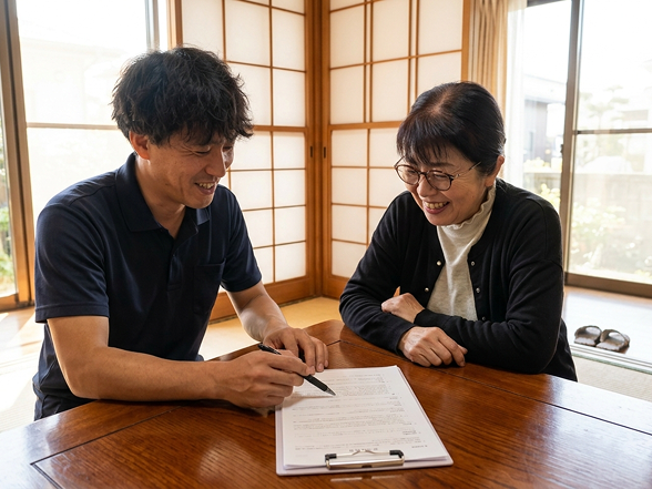 調査員が女性に説明しているイメージ写真。