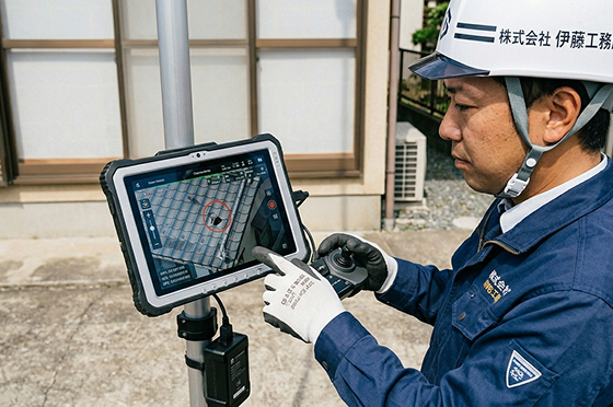 調査員の男性が高所棒を使って調査しているイメージの写真。